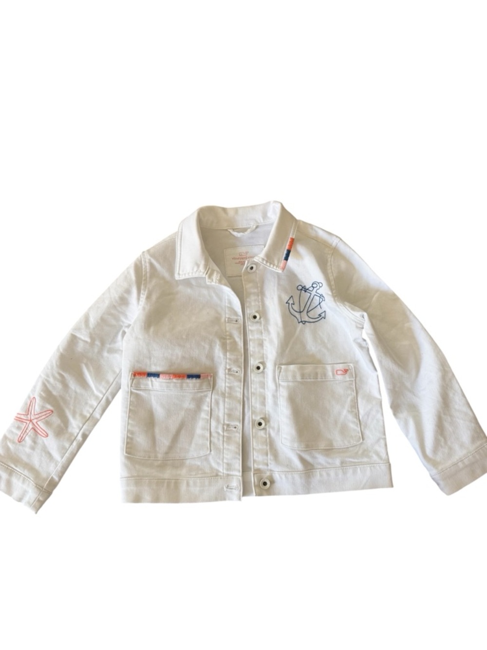 Kids White Anchor Embroidered Cotton Jacket
